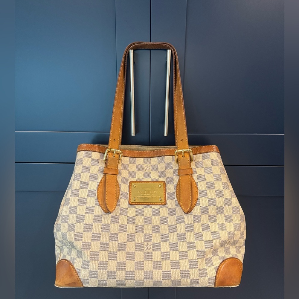 LOUIS VUITTON Hampstead MM Azul Damier Leather Canvas Authentic Shoulder Bag